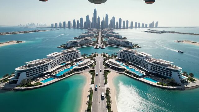 Aerial view of luxury resort villas on palm jumeirah island with dubai skyline in the background vector illustration