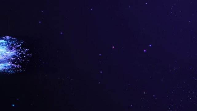 Chaotic digital particle stream dissolving and reappearing in an endless abstract loop against a deep indigo background transition, concept, visualization