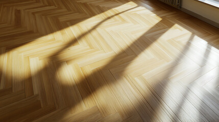 Naklejka premium A bright herringbone pattern hardwood floor is showcased, basking in the soft glow of light streaming in from a window, creating a warm and inviting ambiance. Interior decor.