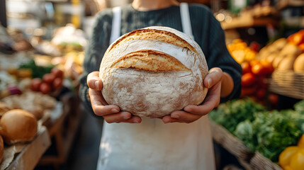 Artisan baker presenting a freshly baked round loaf of bread at a vibrant market filled with fresh produce