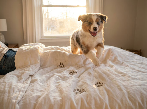 Chiot Berger Australien merle joyeux sautant sur lit blanc couette fen&ecirc;tre soleil chambre int&eacute;rieure mignon adorable

