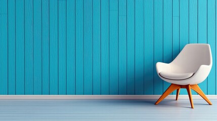 A modern white chair with wooden legs is positioned against a blue wooden wall in an interior setting. The image has a clean and minimalist aesthetic.