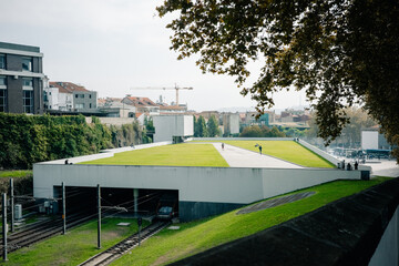 Modern Park Built Over Railway Tracks in Urban Area in Porto