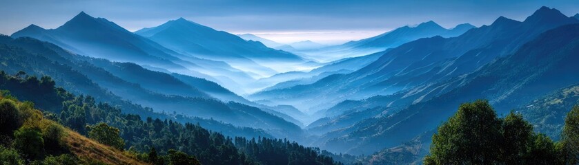 Obraz premium A misty mountain range beneath cloudy sky concept. Serene mountain range with misty valleys and lush greenery.