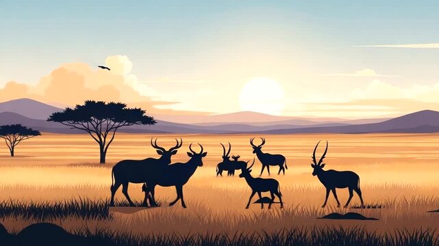 African savanna at sunrise animation, silhouetted antelopes graze peacefully, beautiful wildlife
