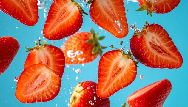 A cluster of juicy red strawberries isolated on a vibrant blue background, floating in mid-air with colourful artistic composition.