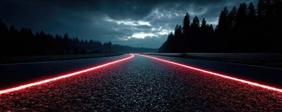 A close-up of illuminated lights on empty track concept. A dark road illuminated by neon red lines under a moody sky.