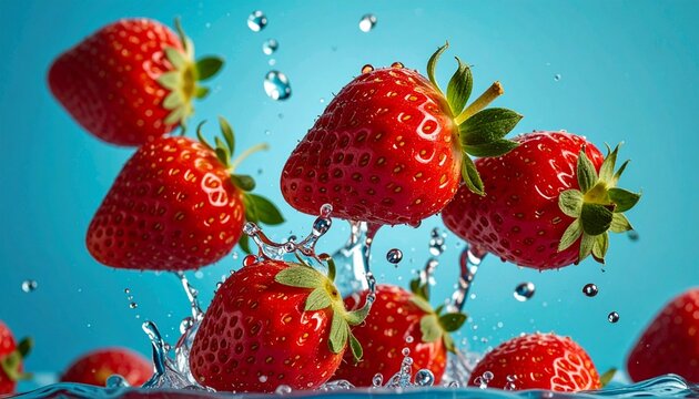 A cluster of juicy red strawberries isolated on a vibrant blue background, floating in mid-air with colourful artistic composition.