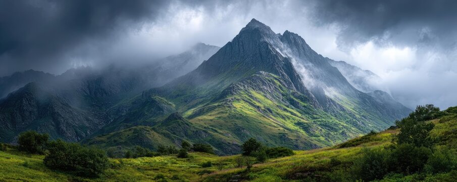 A misty mountain range beneath cloudy sky concept. Majestic mountains under dramatic stormy skies with lush greenery.