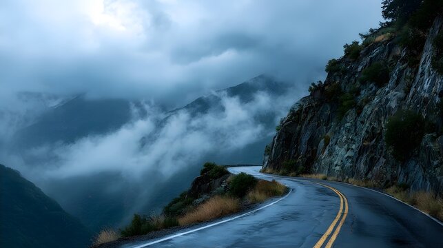 A winding mountain road curves along a steep cliff in misty, overcast weather.