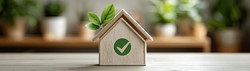Cardboard house with checklist concept. A wooden house model symbolizing eco-friendliness and sustainability.