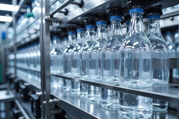 Rows of clear glass bottles stand aligned on a metal production line in a factory.