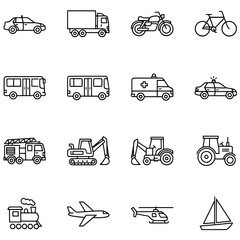 A collection of sixteen black and white line-art icons depicting various modes of transportation and specialized vehicles, including cars, trucks, buses, emergency vehicles, construction equipment, an