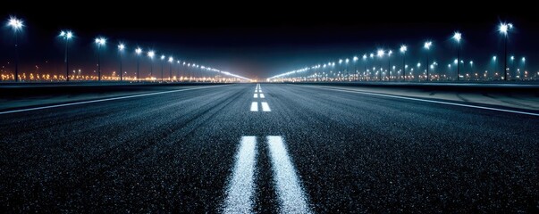 A close-up of illuminated lights on empty track concept. A well-lit empty road at night, showcasing smooth asphalt and lines.