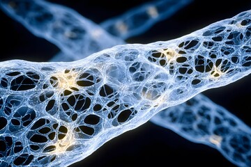 Translucent, web-like neural networks glow with light in a dark, abstract digital environment.