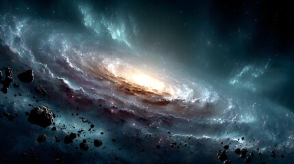 A luminous spiral galaxy swirls brightly in the depths of outer space, surrounded by scattered asteroids.