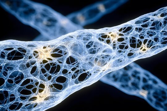 Translucent, web-like neural networks glow with light in a dark, abstract digital environment.