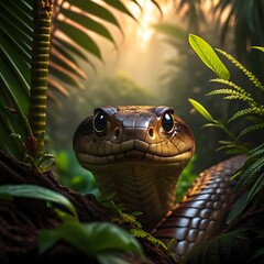 Close up of a snake s head peering through lush green jungle foliage