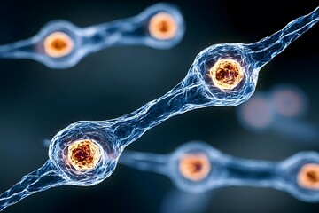 Elongated nerve cells with glowing central nuclei are connected in a blue, abstract microscopic environment.