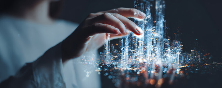 Futuristic city hologram hand technology innovation digital urban night glow, inspiring