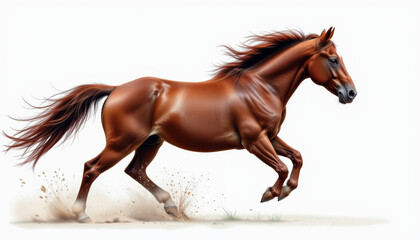 Obraz premium Bay horse sport horse running gallop isolated white background dynamic powerful energy captured with dust