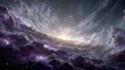 A luminous galactic core erupts with swirling cosmic clouds in deep space.