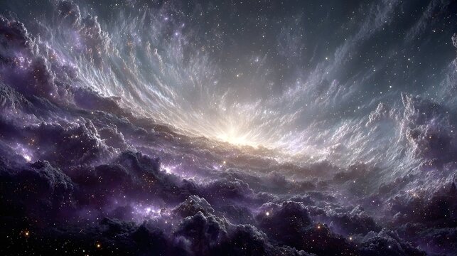 A luminous galactic core erupts with swirling cosmic clouds in deep space. - Powered by Adobe