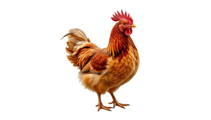 Fototapeta premium Chicken rooster poultry bird farm isolated white feather red comb tail standing side view domestic livestock male cock