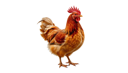 Chicken rooster poultry bird farm isolated white feather red comb tail standing side view domestic livestock male cock