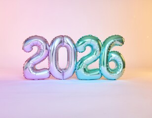 2026 balloons, chrome/teal, soft light background