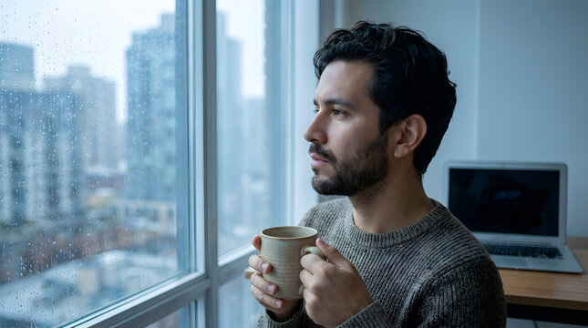 Pensive man holding coffee mug looking out rainy window in city apartment with laptop on desk. - Powered by Adobe
