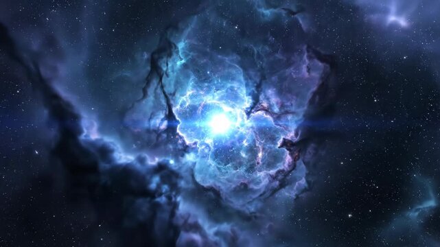 Brilliant blue nebula with bright star formation glowing intensely in the dark, starfilled outer space vector illustration