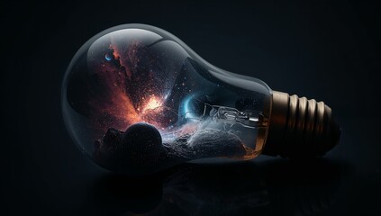 Vibrant Cosmic Nebula Glows Inside Glass Light Bulb, Symbolizing Universal Ideas and Innovation.