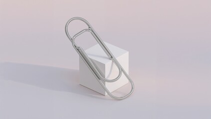 Minimalist Composition - Oversized Paperclip Resting on White Geometric Cube, Studio Shot.