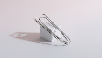 Sleek Silver Paperclip Leaning on White Block, Casting Sharp Shadow, Minimalist Office Still Life.