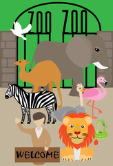 A vector art of a Zoo, a public place where a zookeeper welcoming from the zoo entrance with the animals. 