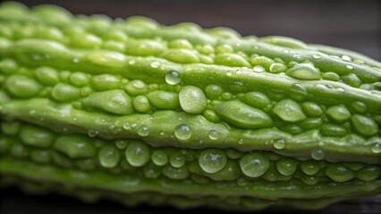 Close up of a fresh green bitter melon covered in water droplets