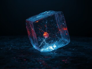 Illuminated Ice Cube with Red Sphere - Abstract Still Life on Black Reflective Surface.