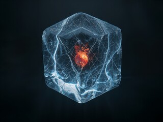 Vibrant Red Energy Core Pulsating Within Luminous Hexagonal Ice Crystal with Blue Veins on Black.