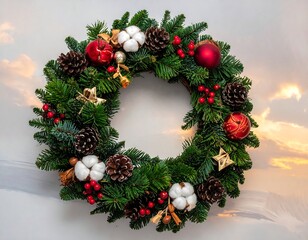 Festive holiday wreath with red accents and natural ornaments