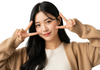 Young woman making peace sign isolated on transparent background