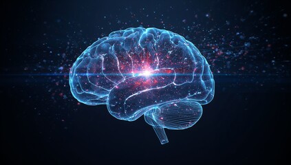 Glowing Digital Brain with Neural Network Activity, Futuristic Medical Concept.