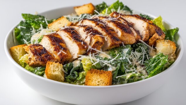 Vibrant photo of a classic grilled chicken caesar salad