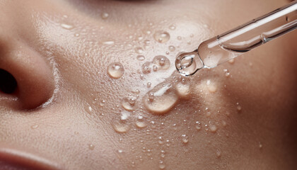 Fototapeta premium Hydrating Serum Application - Close-up of Skin with Droplets and Pipette.