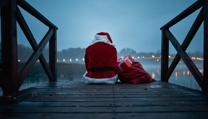 Fototapeta premium Lonely Santa Claus sitting on a wooden dock looking at the water.
