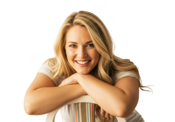 Smiling blonde woman leaning on chair isolated on transparent background
