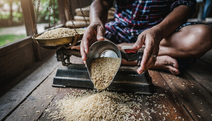 Person measuring grains on a scale, preparing food for consumption.