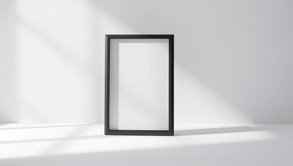 Vertical Black Frame Mockup with Sunlight Shadows on Minimalist White Wall.