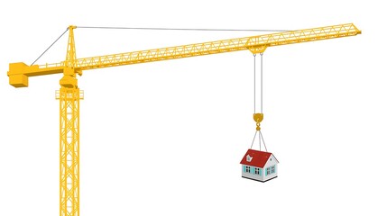 Construction crane lifting a small house against a white background
