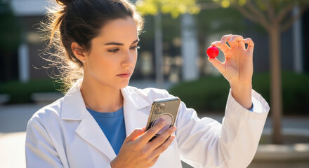 Scientist holds red object and looks at phone outdoors